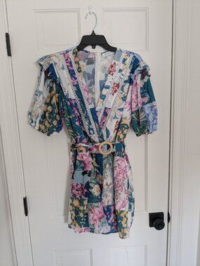 Esther & Co floral ruffled romper with belt